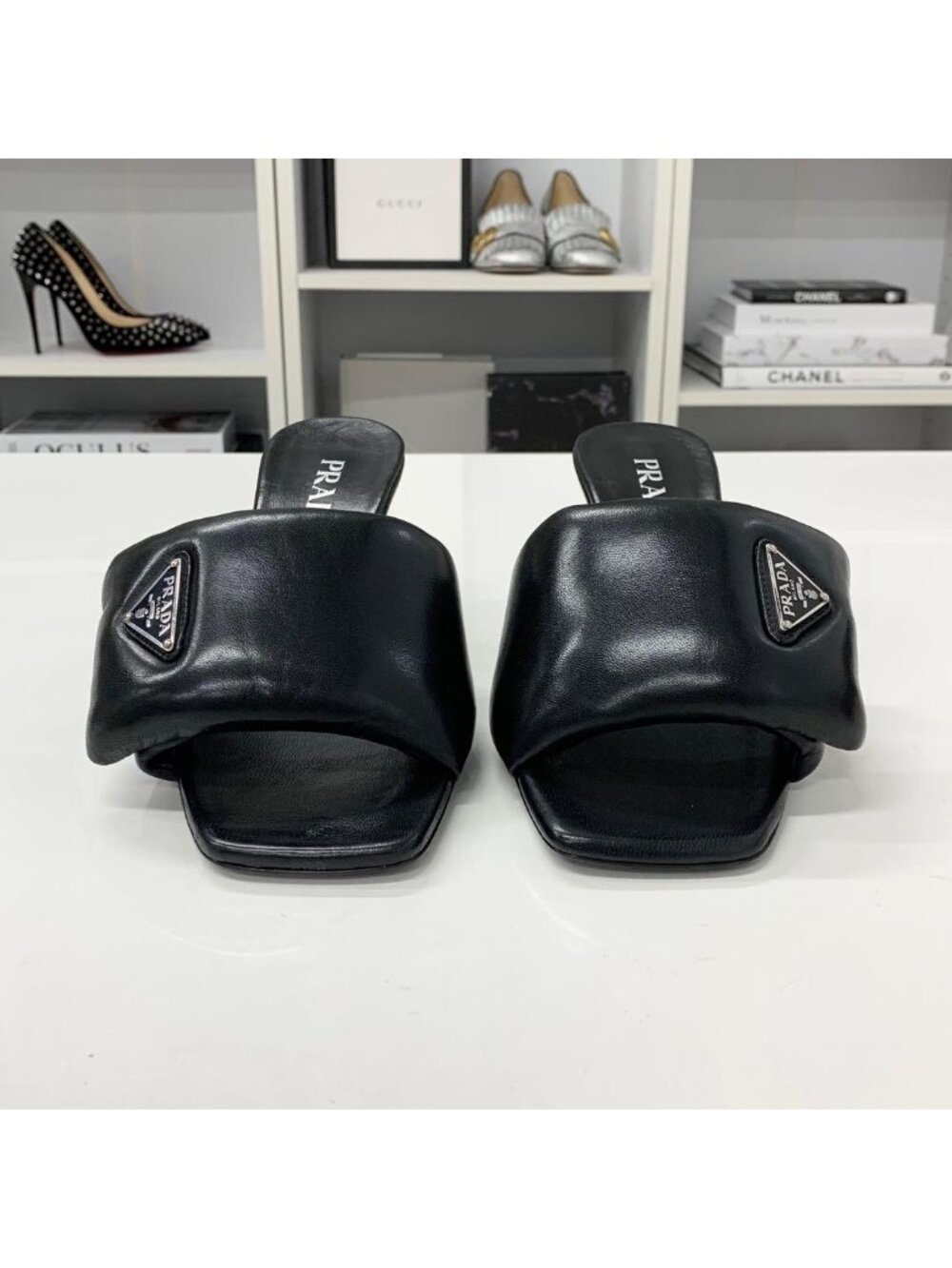Prada Triangle Logo Padded Nappa Leather Sandals Black - Picture 4 of 10
